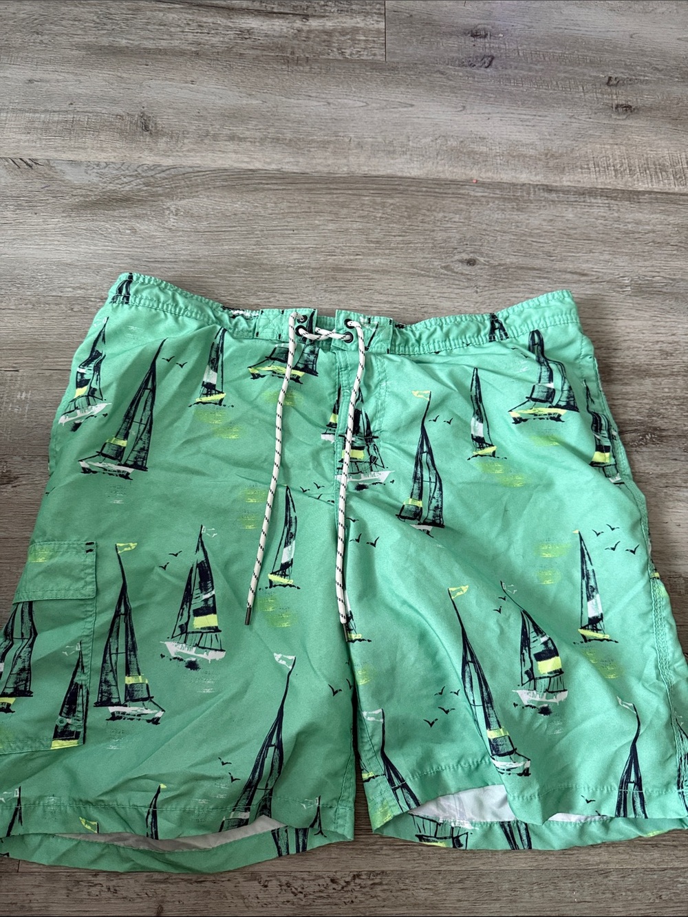 Goodfellow & Co Mint Green Swim Trunks with Navy Sailboats